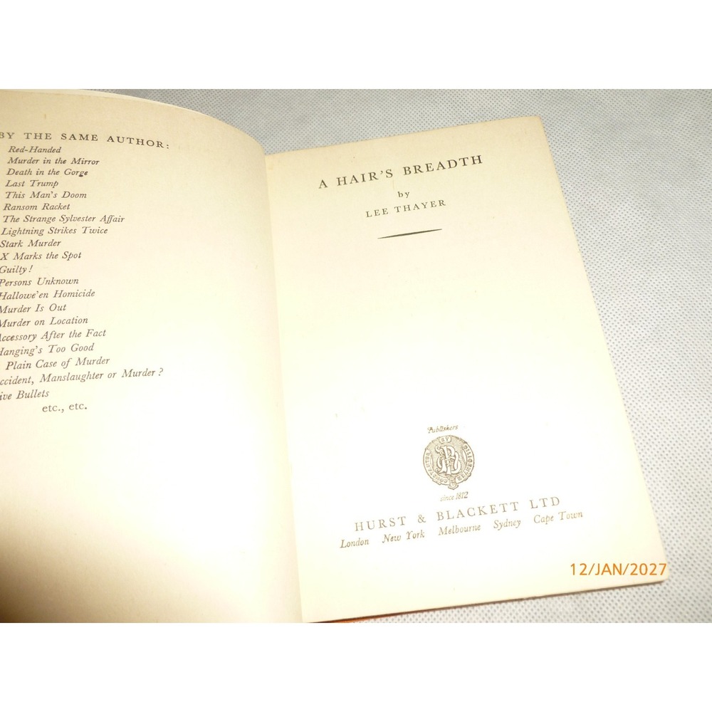 A Hair's Breadth Lee Thayer Hurst & Blackett Vintage Hardcover Mystery Book